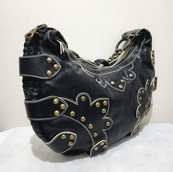 Isabella Fiore Black Leather Studded Braided Hobo Shoulder Bag Boho Western Chic - Picture 4 of 15